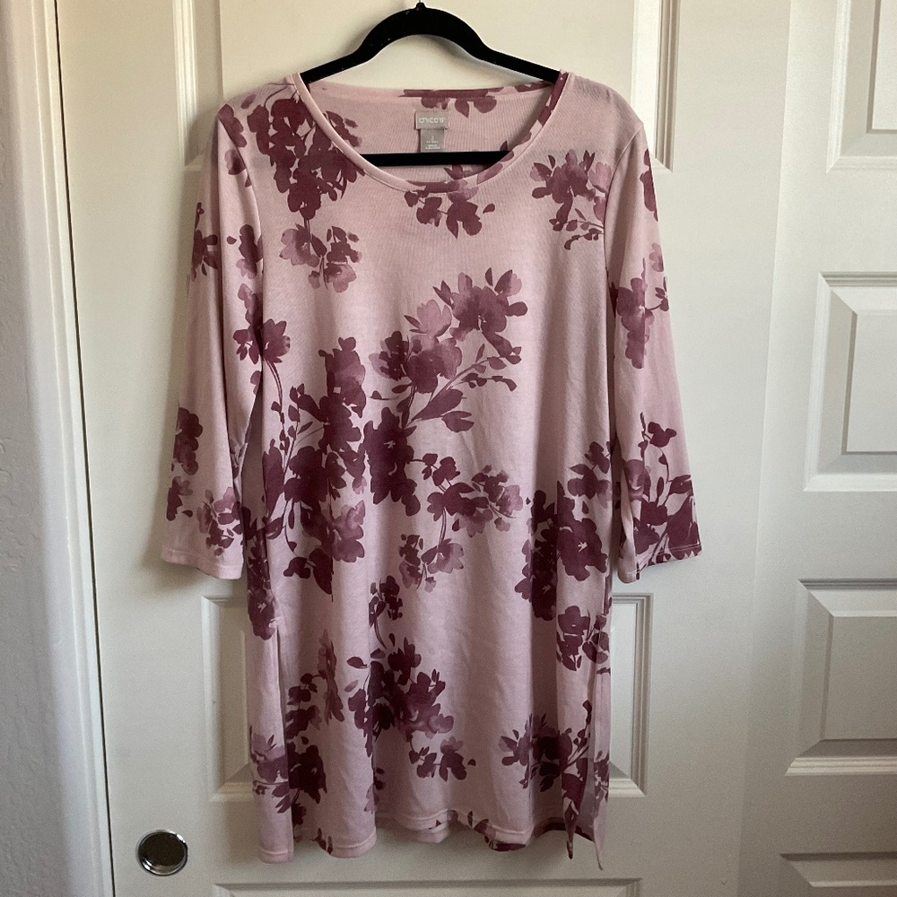 Chico’s Floral Side Slit Tunic - Pink with Purple Flowers - Size Large